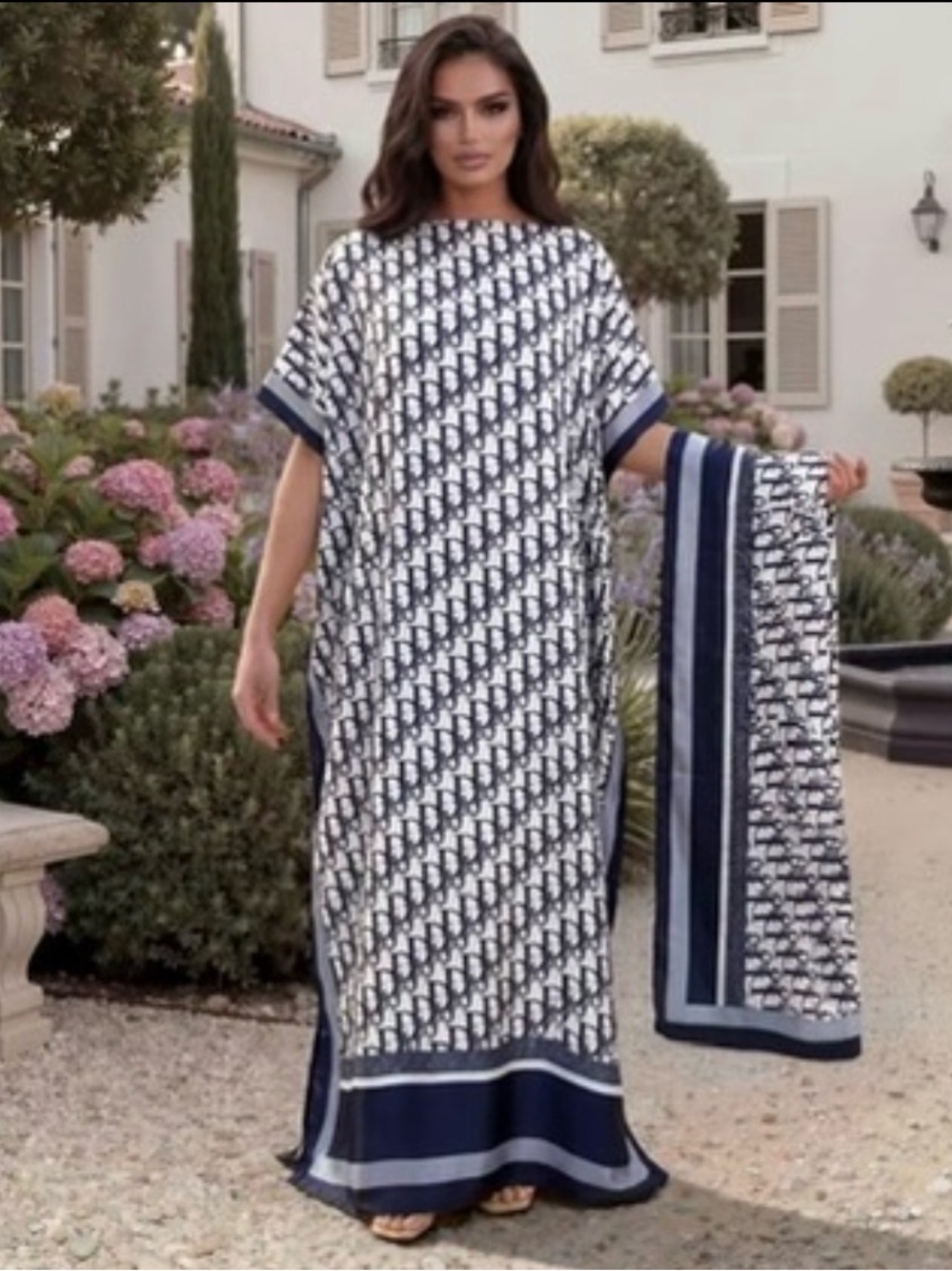 Navy & White Printed Maxi Dress with Matching Scarf